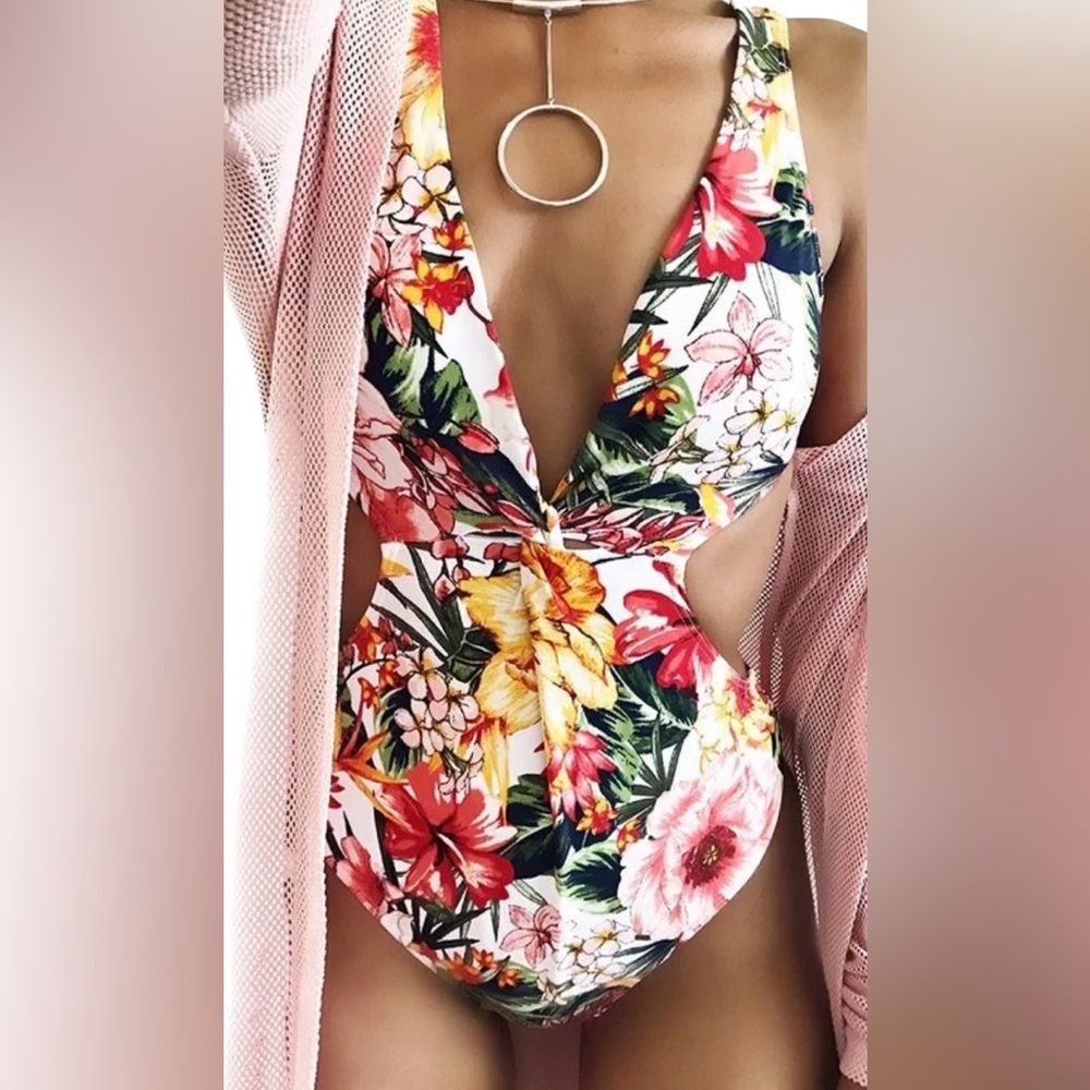 Forever21 Swimsuit Floral Retired One Piece Plunge Necking and Cut Outs. Medium